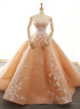 Champagne Ball Gown Off The Shoulder Long Sleeve Wedding Dress